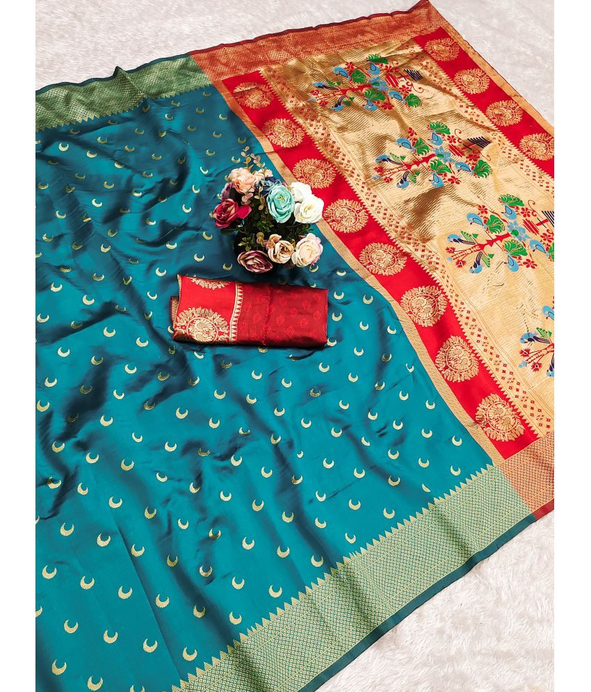     			Sindharat Fashion Banarasi Silk Woven Saree With Blouse Piece ( Teal , Pack of 1 )