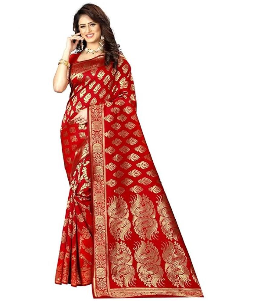     			Vkaran Silk Woven Saree With Blouse Piece ( Red , Pack of 1 )