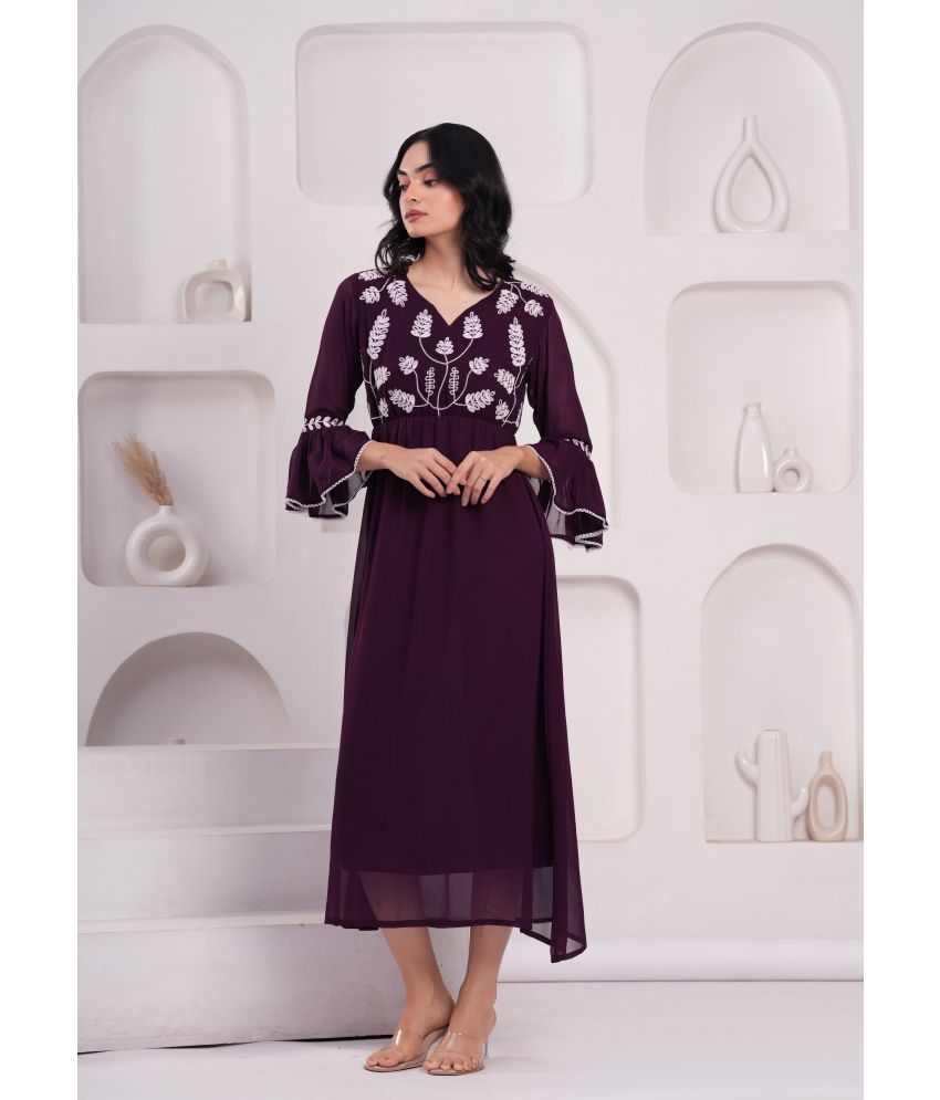     			Jyoti Saree Georgette Embroidered Calf-Length Women's Fit & Flare Dress - Purple ( Pack of 1 )