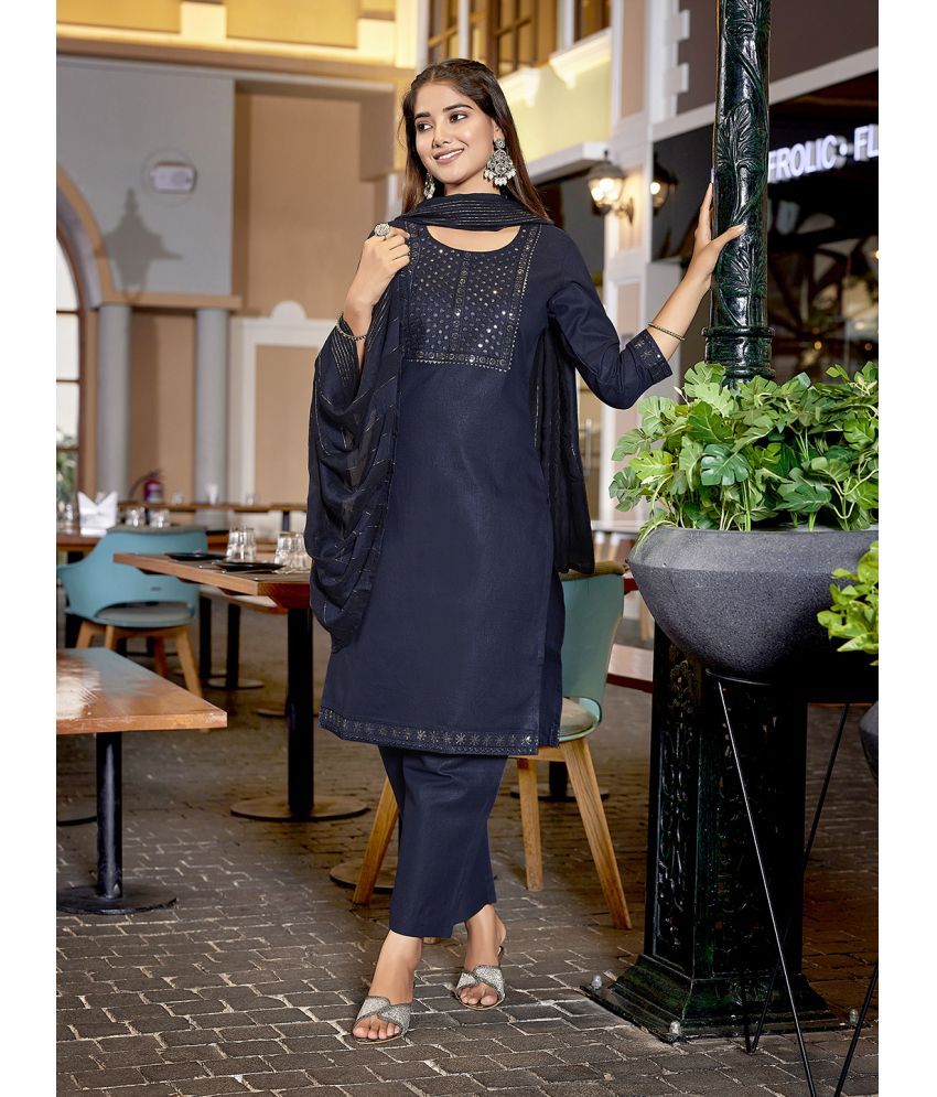     			Royal Export Cotton Blend Embellished Kurti With Pants Women's Stitched Salwar Suit - Navy Blue ( Pack of 1 )