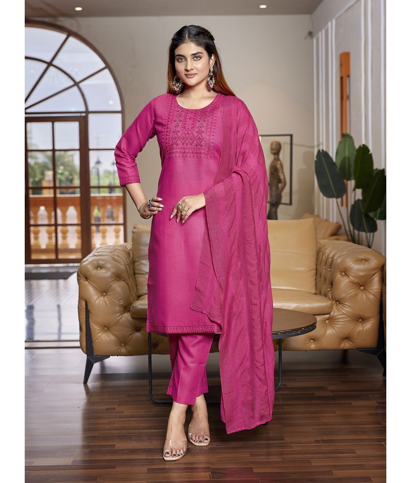     			Royal Export Cotton Blend Embroidered Kurti With Pants Women's Stitched Salwar Suit - Pink ( Pack of 1 )