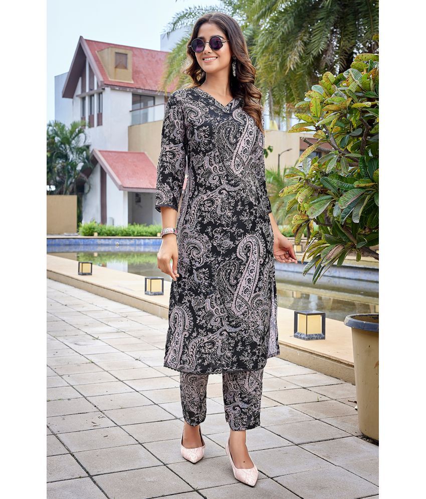     			Royal Export Viscose Printed Kurti With Pants Women's Stitched Salwar Suit - Black ( Pack of 1 )