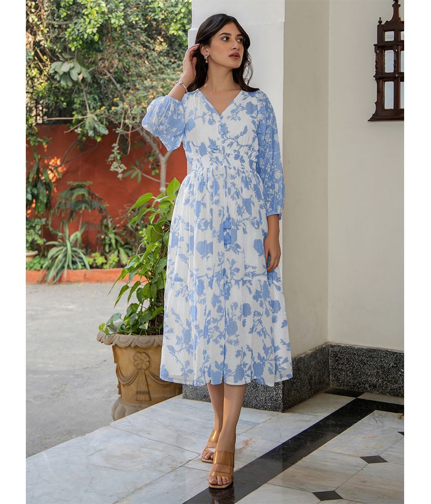     			Janasya Georgette Printed Calf-Length Women's Fit & Flare Dress - Light Blue ( Pack of 1 )