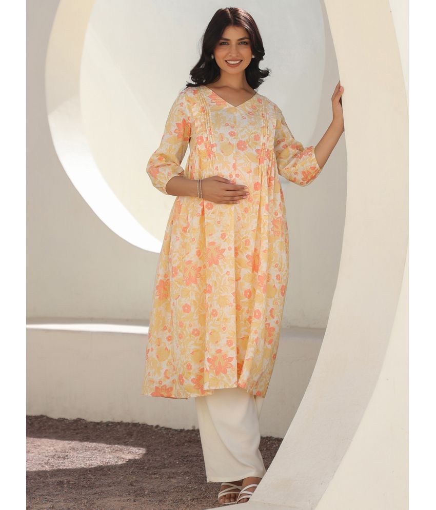     			Janasya Off White Cotton Maternity Kurta Single