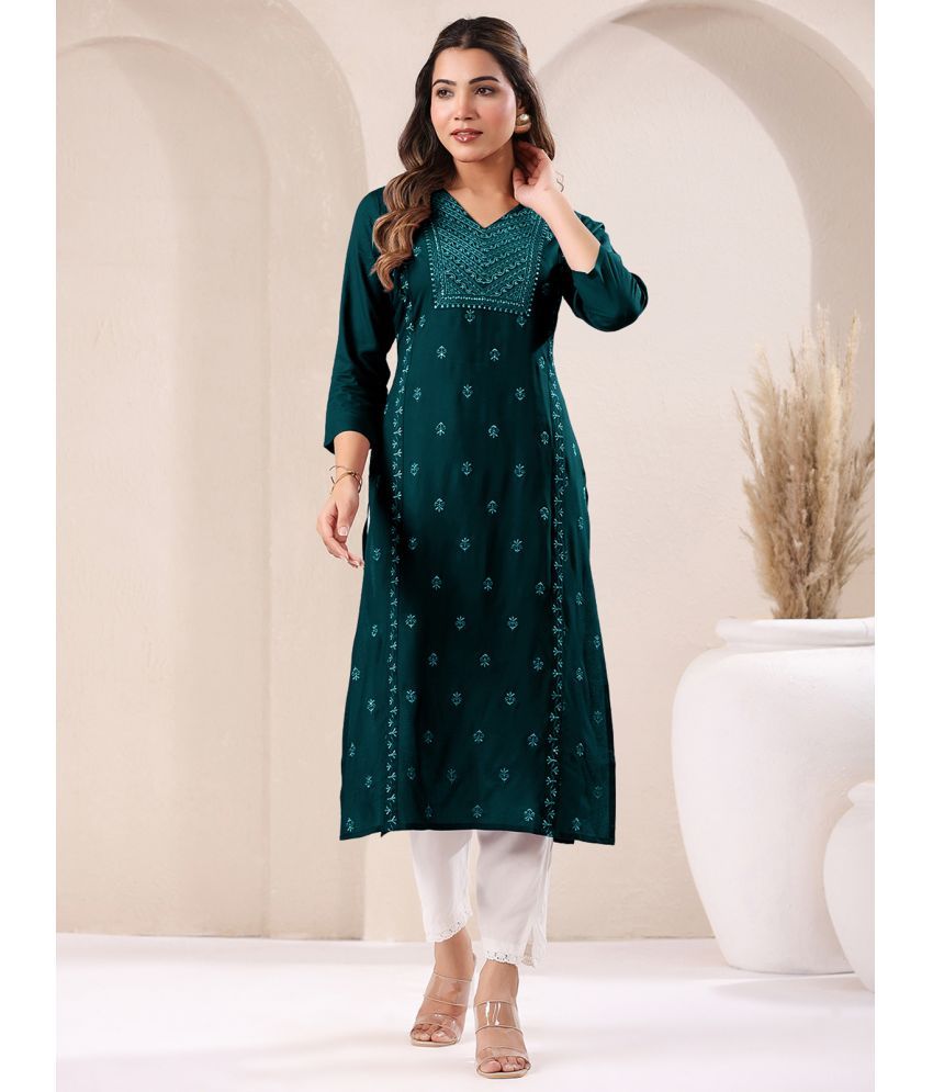     			Janasya Pack of 1 Rayon Embroidered Straight Women's Kurti - ( Dark Green )