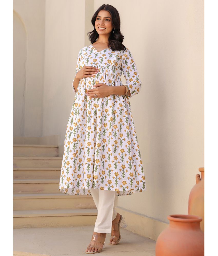     			Janasya White Cotton Maternity Kurta Single