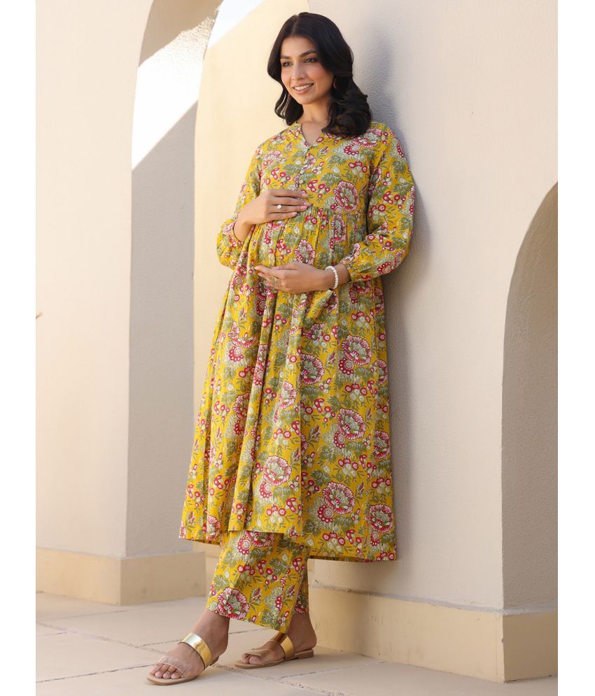     			Janasya Yellow Cotton Maternity Kurta Suit Set Single