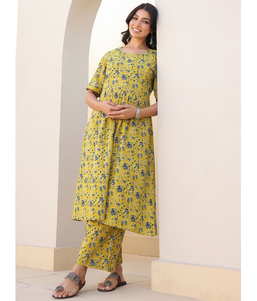     			Janasya Yellow Cotton Maternity Kurta Suit Set Single