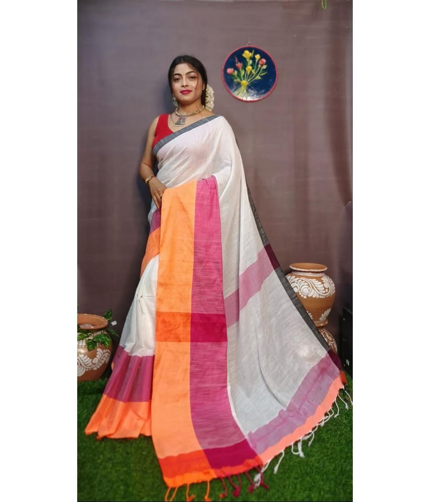     			SARADA HANDLOOM Cotton Colorblock Saree With Blouse Piece ( White , Pack of 1 )