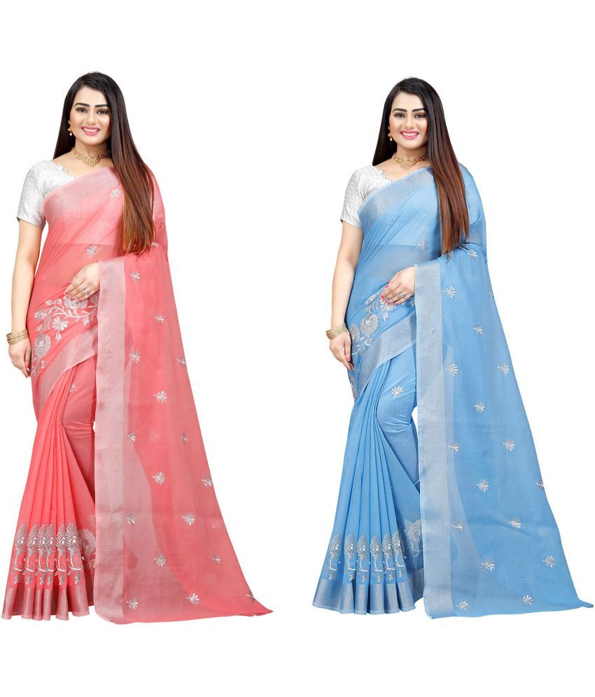     			Indian Fashionista Cotton Silk Embroidered Saree With Blouse Piece ( Light Blue , Pack of 2 )