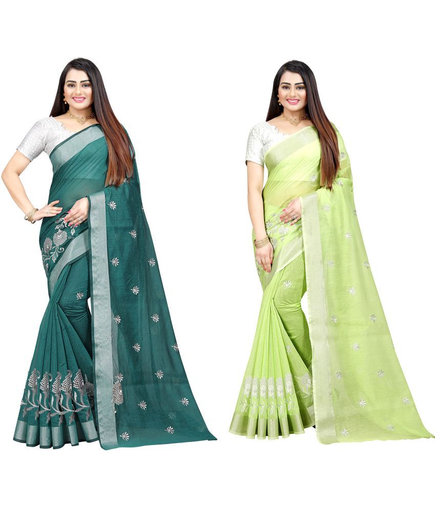     			Indian Fashionista Cotton Silk Embroidered Saree With Blouse Piece ( Light Green , Pack of 2 )