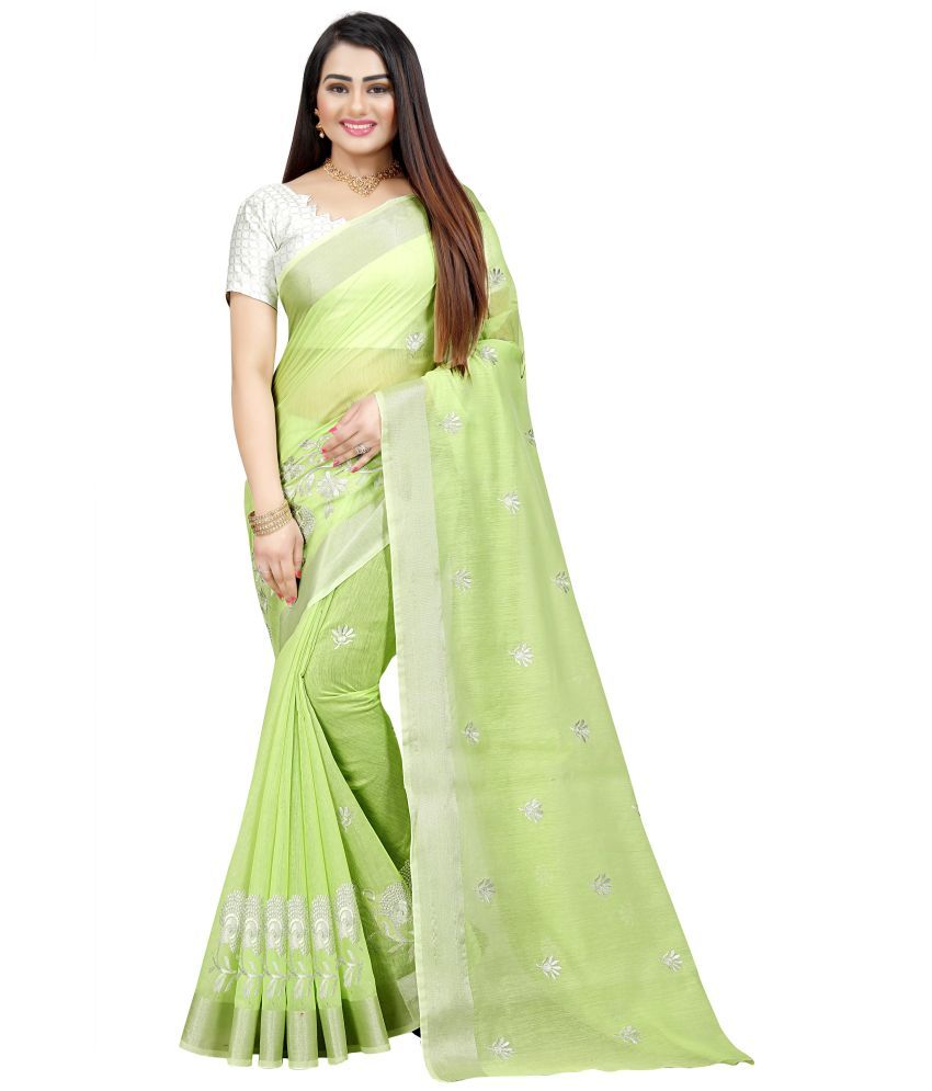     			Indian Fashionista Cotton Silk Embroidered Saree With Blouse Piece ( Light Green , Pack of 1 )