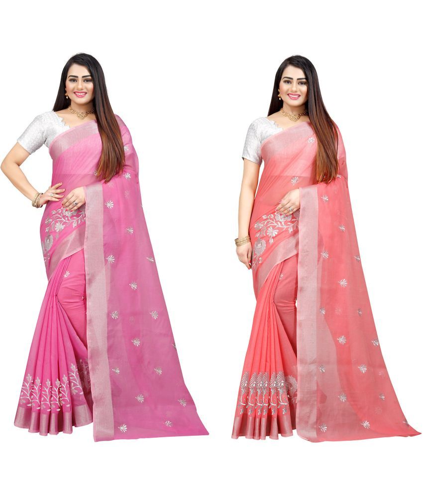     			Indian Fashionista Cotton Silk Embroidered Saree With Blouse Piece ( Pink , Pack of 2 )