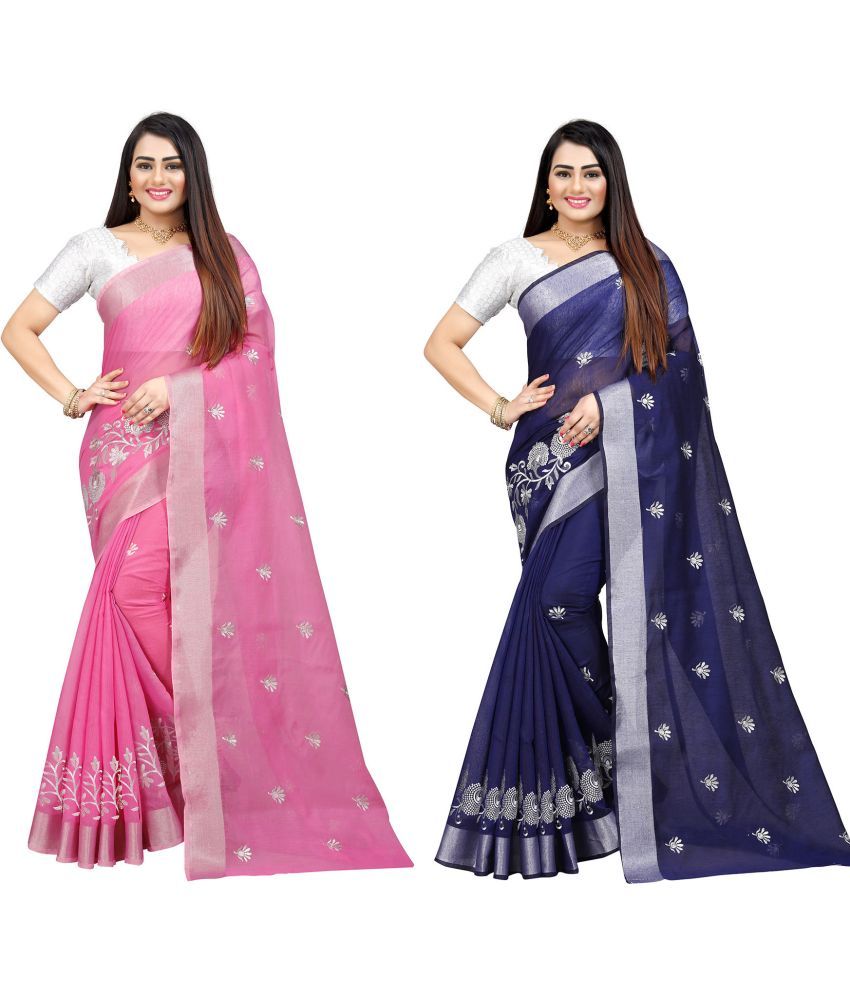     			Indian Fashionista Cotton Silk Embroidered Saree With Blouse Piece ( Multicolor1 , Pack of 2 )