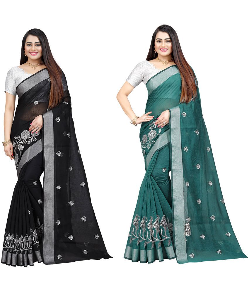     			Indian Fashionista Cotton Silk Embroidered Saree With Blouse Piece ( Green , Pack of 2 )