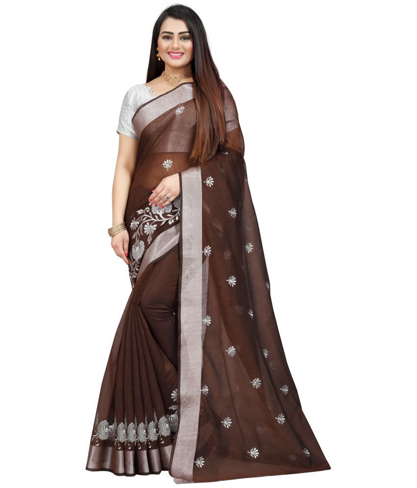     			Indian Fashionista Cotton Silk Embroidered Saree With Blouse Piece ( Brown , Pack of 1 )