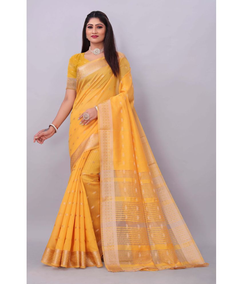     			Indian Fashionista Cotton Silk Self Design Saree With Blouse Piece ( Yellow , Pack of 1 )