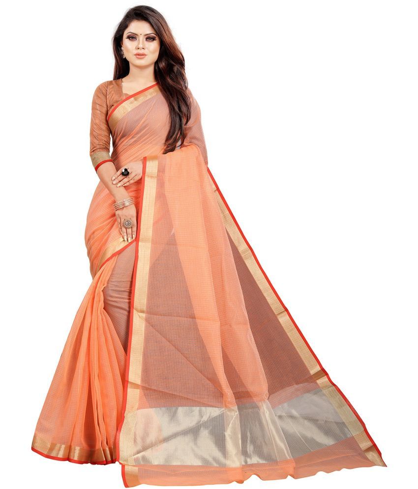     			Indian Fashionista Cotton Silk Solid Saree With Blouse Piece ( Orange , Pack of 1 )