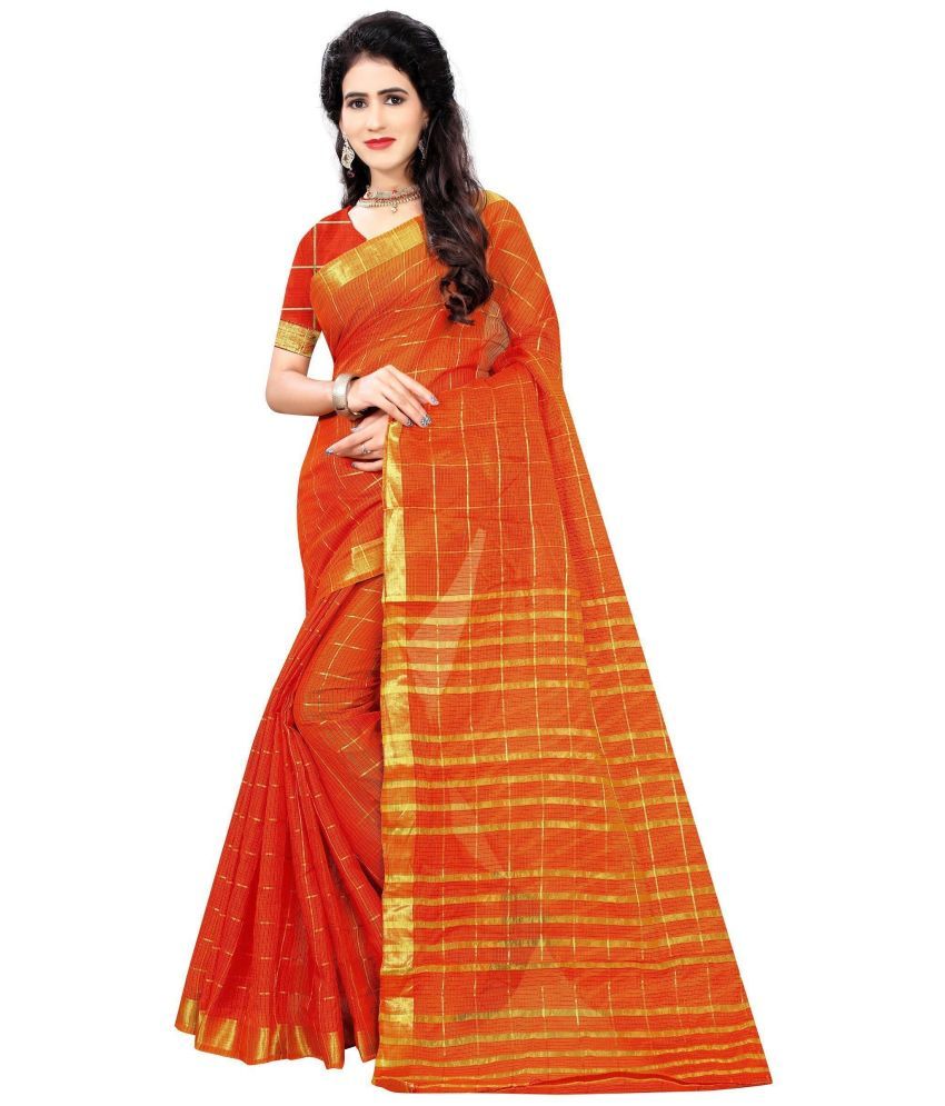     			Indian Fashionista Jacquard Self Design Saree With Blouse Piece ( Orange , Pack of 1 )