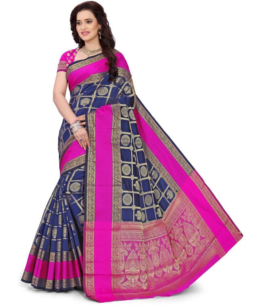     			Indian Fashionista Jacquard Woven Saree With Blouse Piece ( Blue , Pack of 1 )