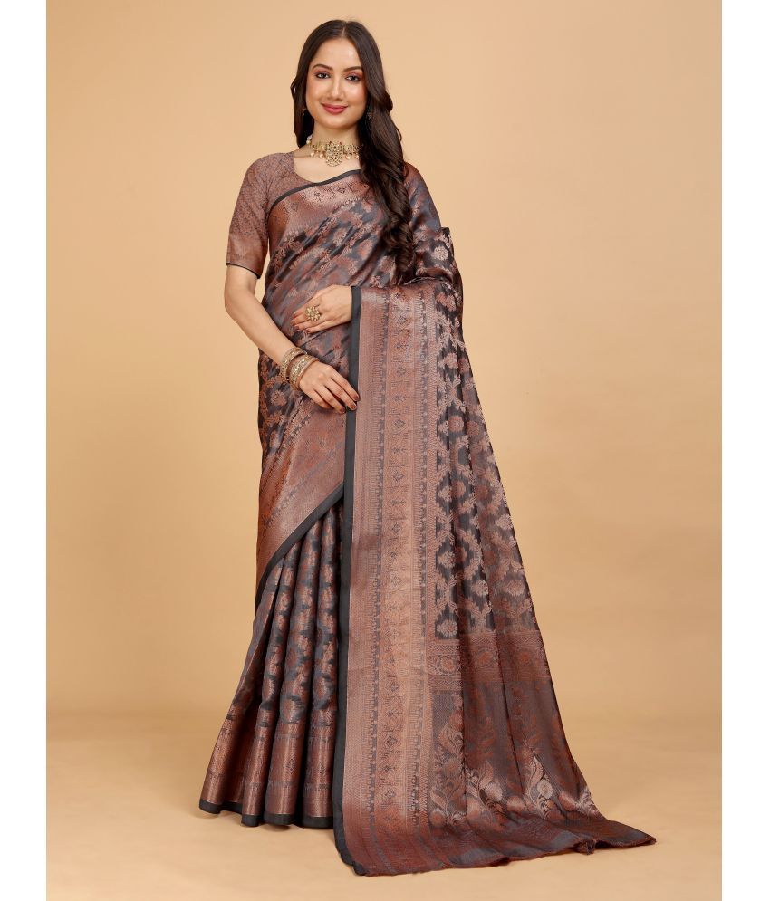     			Indian Fashionista Organza Embellished Saree With Blouse Piece ( Brown , Pack of 1 )