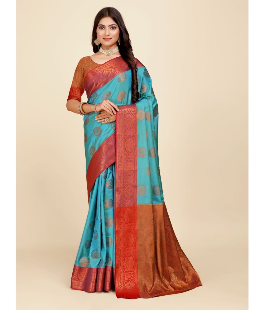     			Indian Fashionista Organza Woven Saree With Blouse Piece ( Light Blue , Pack of 1 )