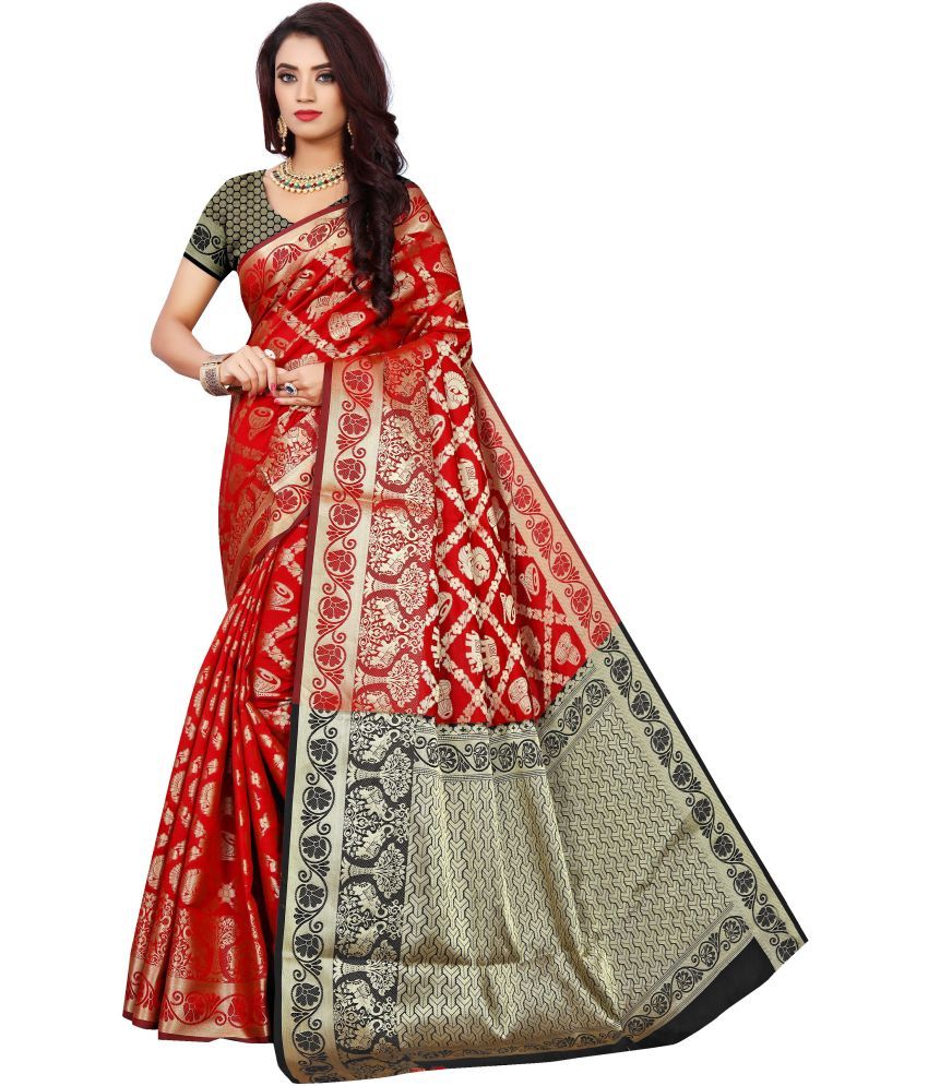     			Indian Fashionista Silk Blend Embellished Saree With Blouse Piece ( Red , Pack of 1 )