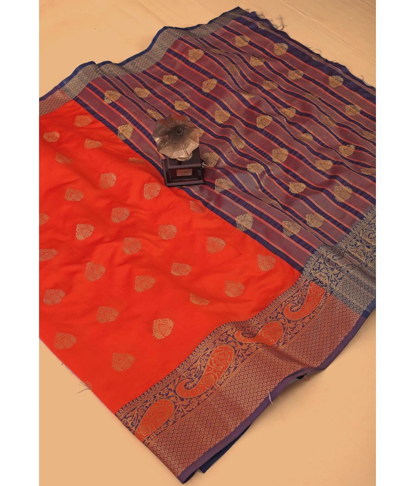     			Indian Fashionista Silk Blend Woven Saree With Blouse Piece ( Orange , Pack of 1 )