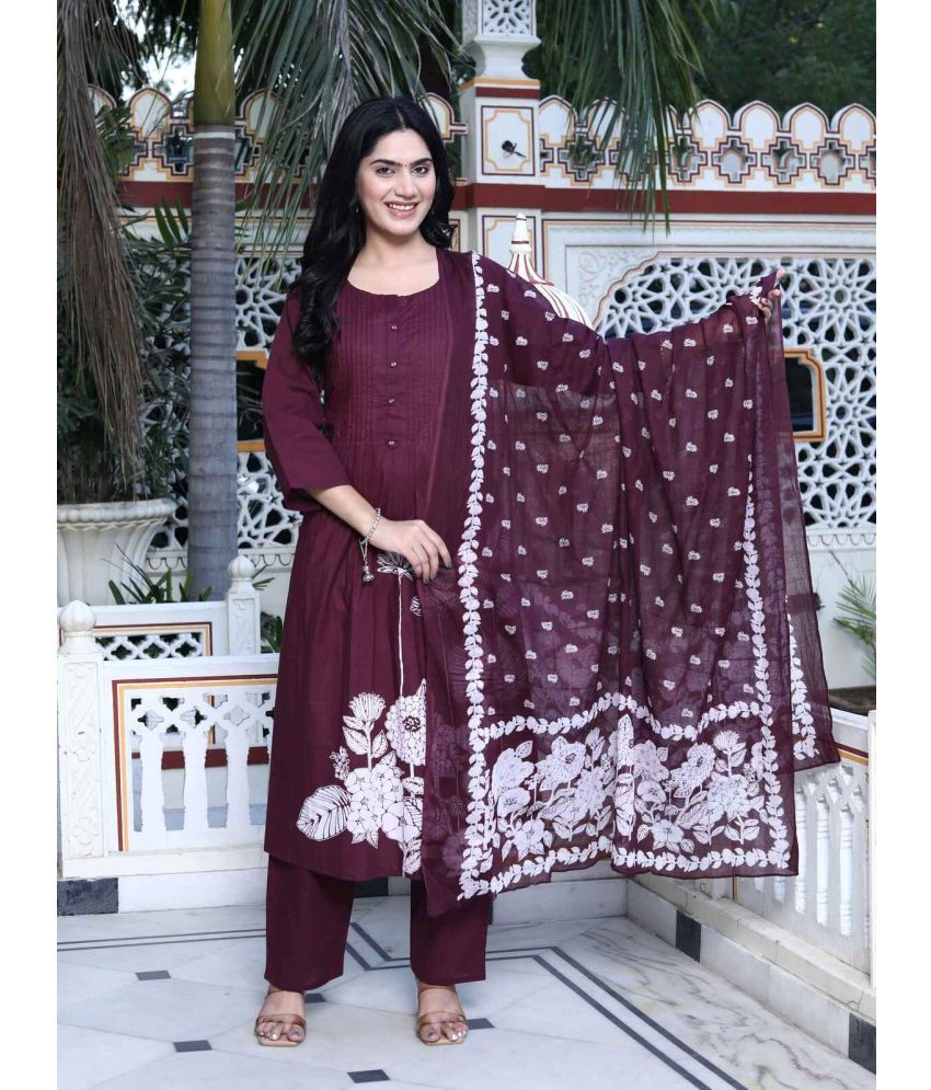     			Angiya Cotton Printed Kurti With Palazzo Women's Stitched Salwar Suit - Wine ( Pack of 1 )