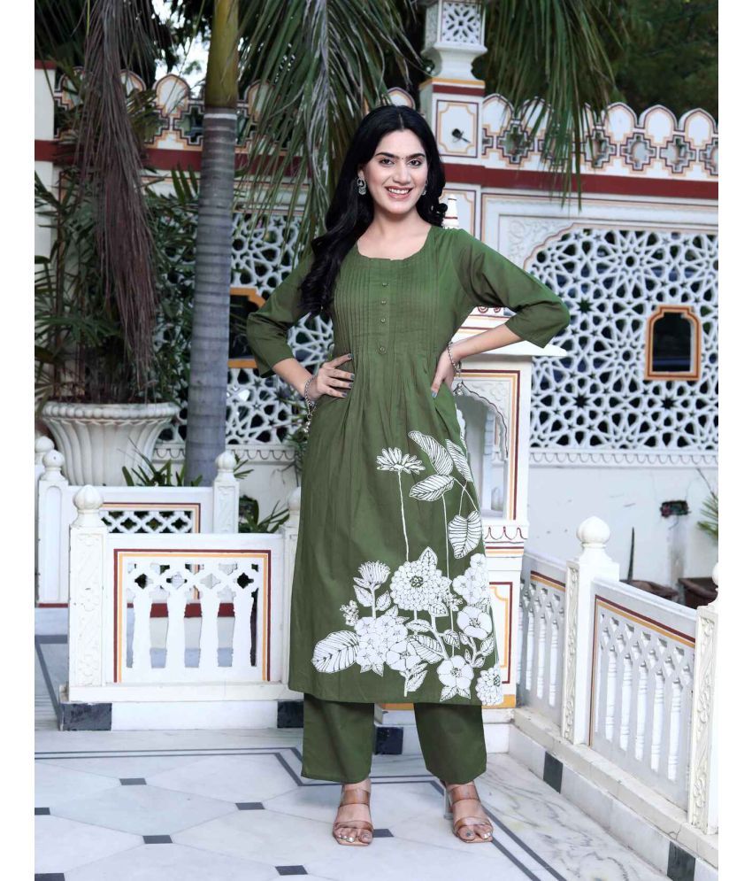     			Angiya Cotton Printed Kurti With Palazzo Women's Stitched Salwar Suit - Green ( Pack of 1 )