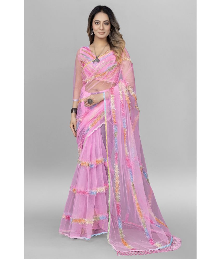     			Apnisha Net Embellished Saree With Blouse Piece ( Pink , Pack of 1 )