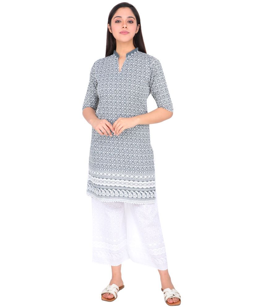     			Haniya Pack of 1 Cotton Blend Embroidered Straight Women's Kurti - ( Grey )