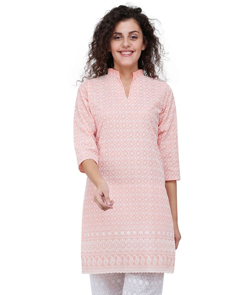     			Haniya Pack of 1 Cotton Blend Embroidered Straight Women's Kurti - ( Peach )