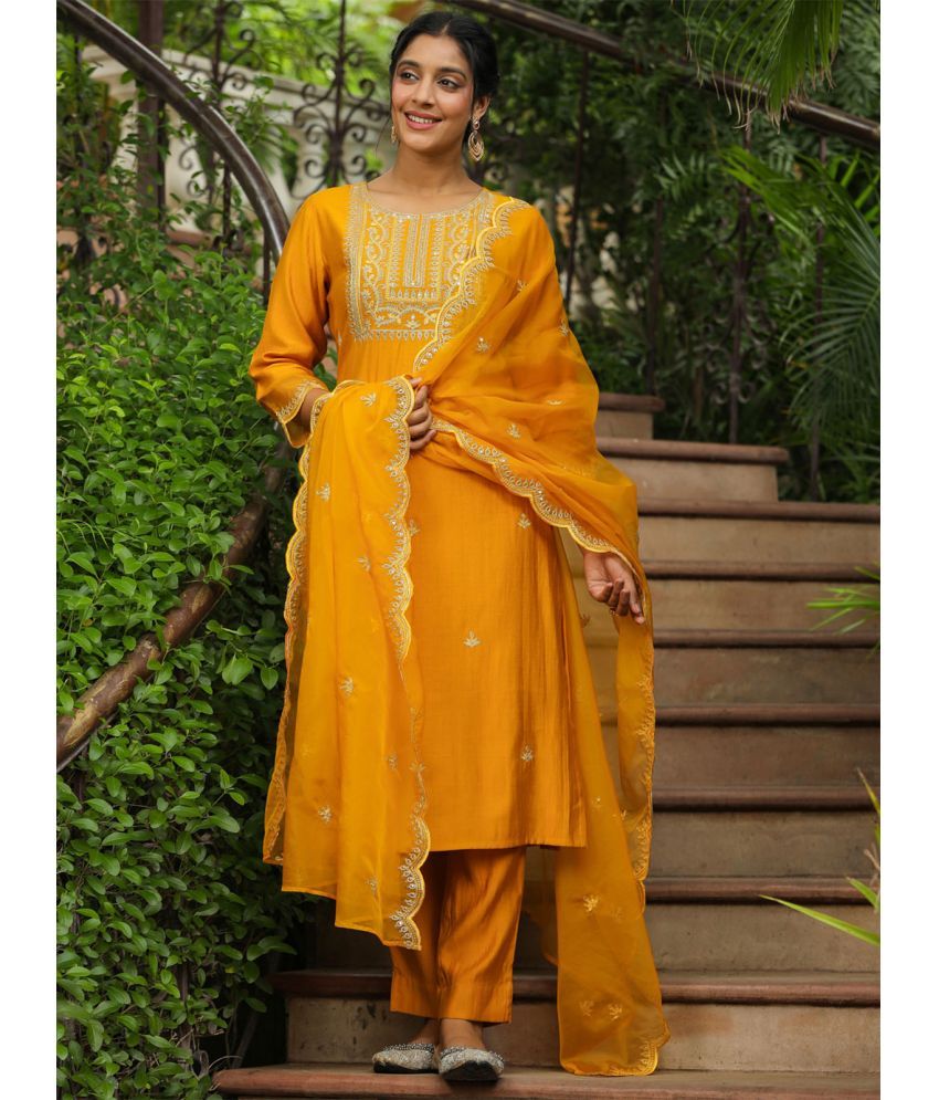     			Janasya Silk Blend Embroidered Kurti With Pants Women's Stitched Salwar Suit - Mustard ( Pack of 1 )