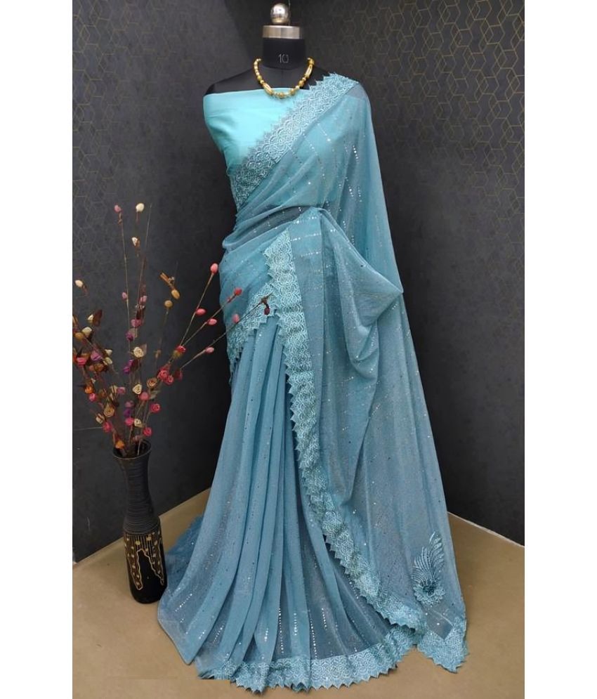     			KV Fashion Lycra Embellished Saree With Blouse Piece ( SkyBlue , Pack of 1 )