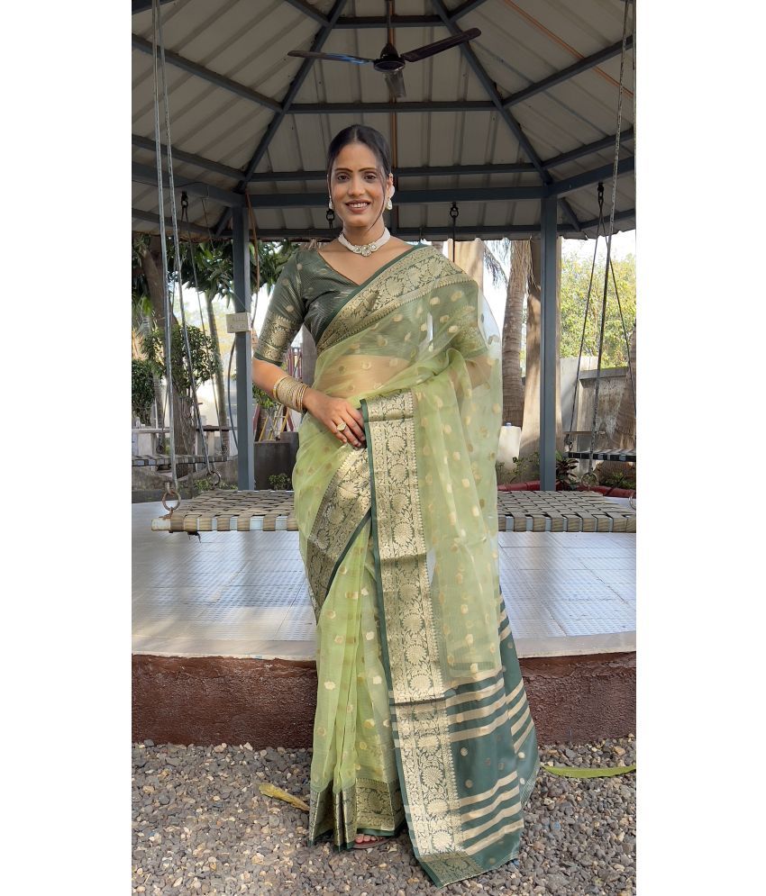     			KV Fashion Organza Woven Saree With Blouse Piece ( Green , Pack of 1 )