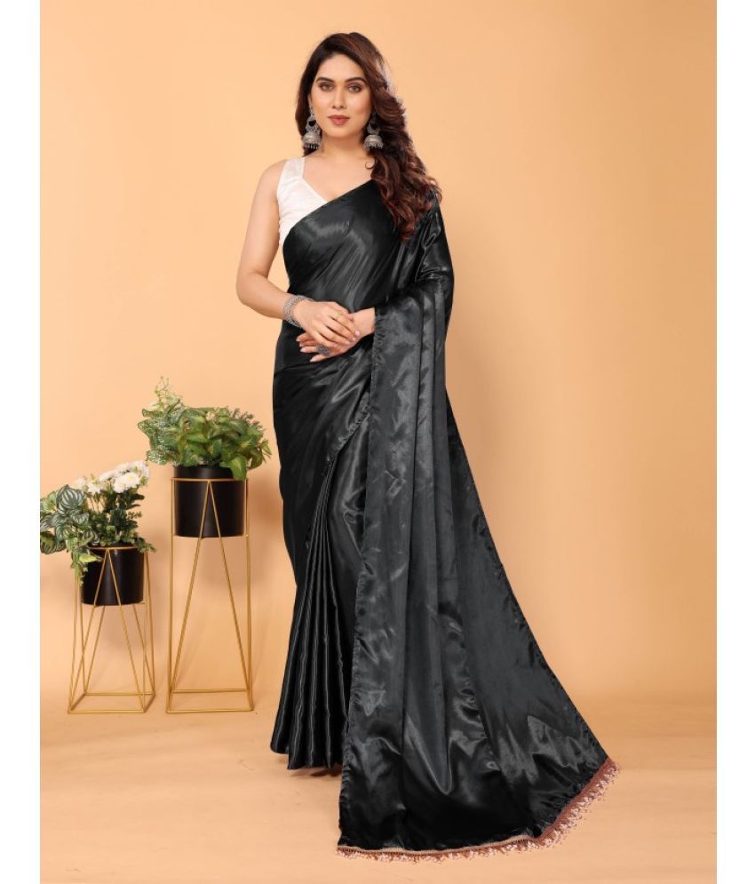     			KV Fashion Satin Solid Saree With Blouse Piece ( Black , Pack of 1 )