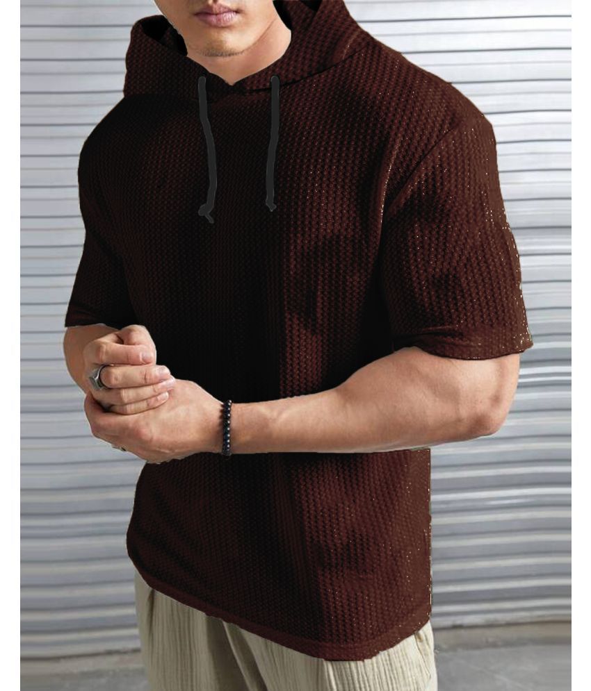     			LEWEL Polyester Regular Fit Self Design Half Sleeves Men's Hooded T-Shirt - Brown ( Pack of 1 )