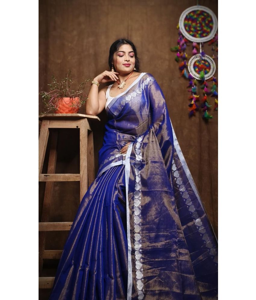     			SARADA HANDLOOM Cotton Printed Saree With Blouse Piece ( Blue , Pack of 1 )