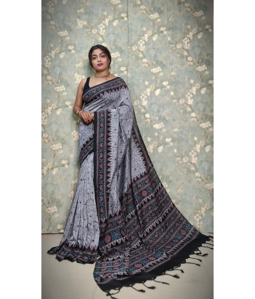     			SARADA HANDLOOM Cotton Printed Saree With Blouse Piece ( Grey , Pack of 1 )