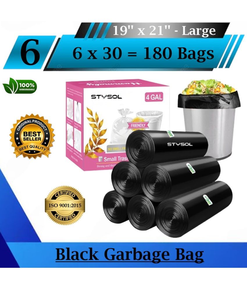     			INDIA Premium Biodegradable Garbage Bags 19 X 21 Inches (Medium Size) 180 Bags (6 Rolls) Dustbin Bag/Trash Bag - Black Color