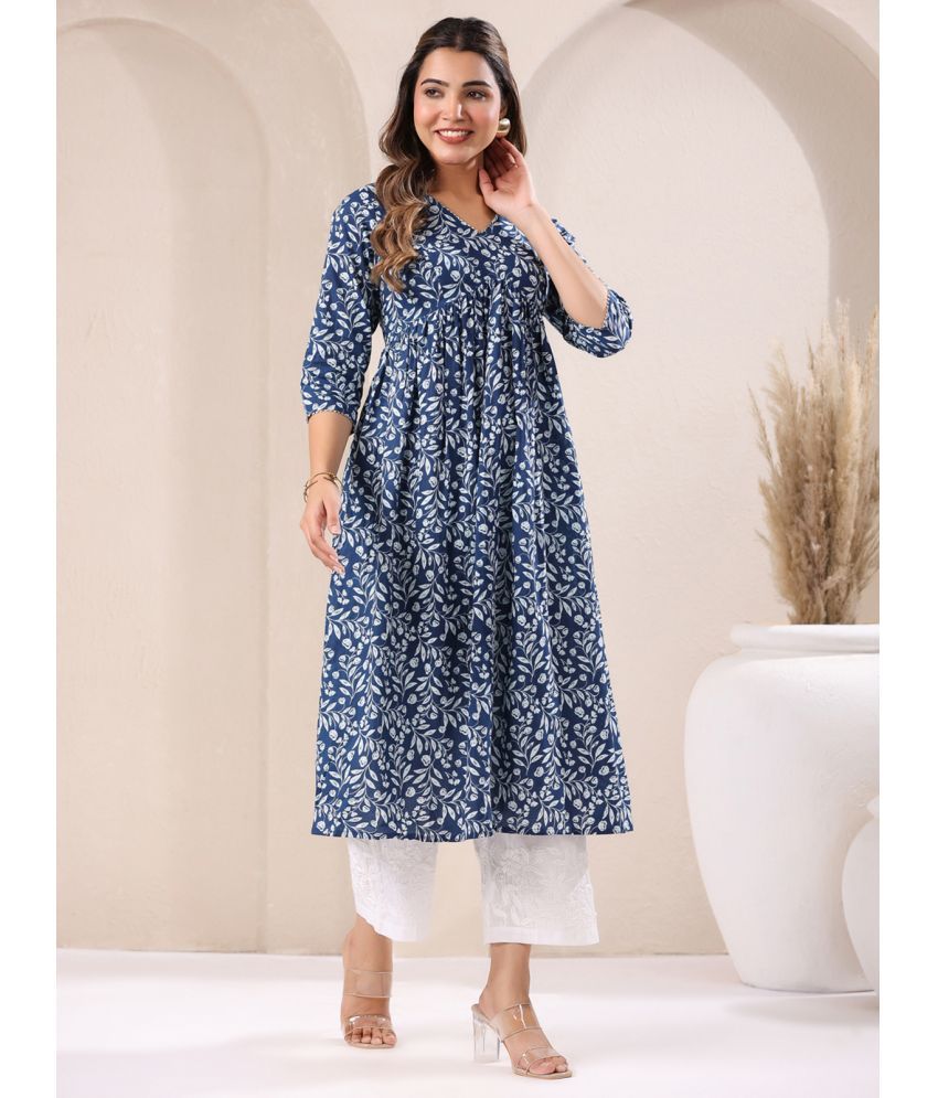     			Janasya Pack of 1 Cotton Printed Flared Women's Kurti - ( Blue )