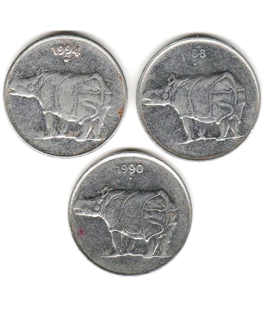     			Rare 25 Steel Rhino Paisa India Coin Set – 3 Steel Coins Collection (1988-2002) | Demonetized Modern Coin Collectible