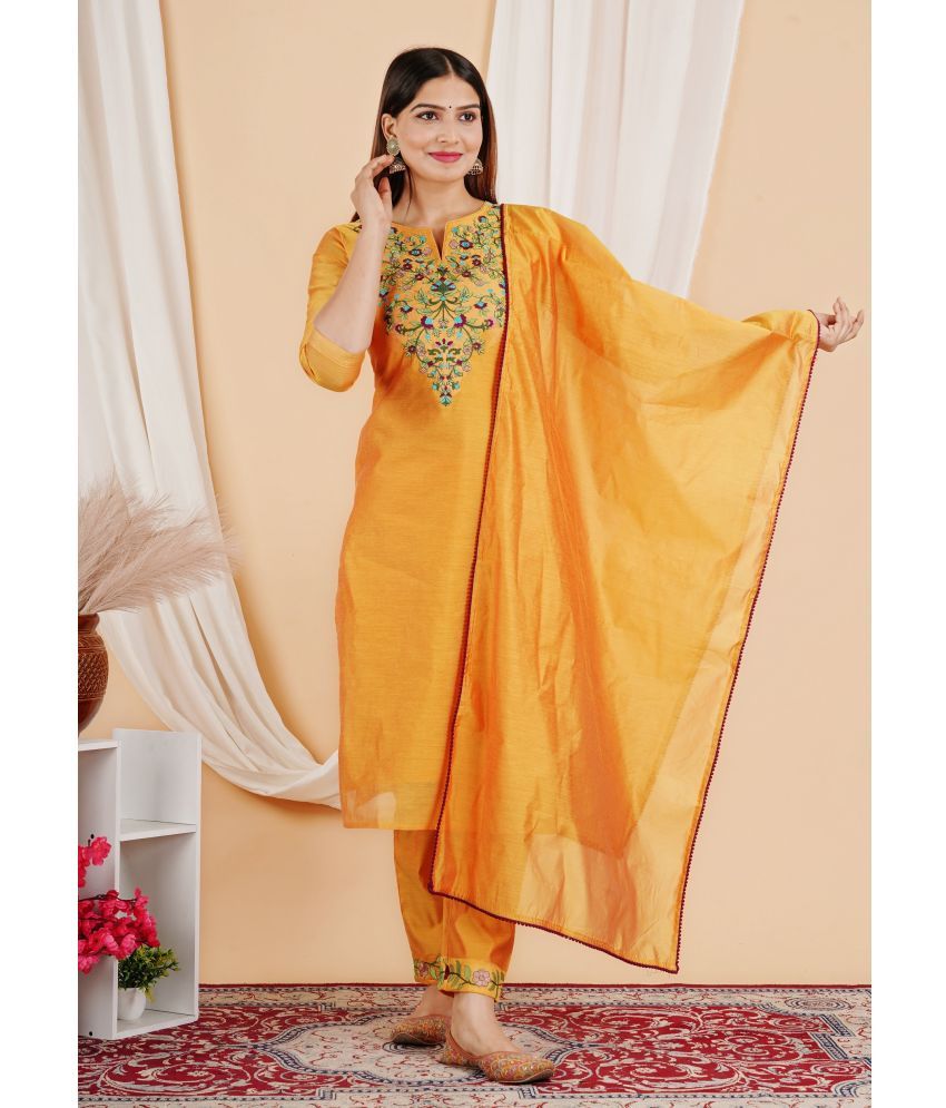     			STYLLOW Chanderi Embroidered Kurti With Pants Women's Stitched Salwar Suit - Mustard ( Pack of 3 )