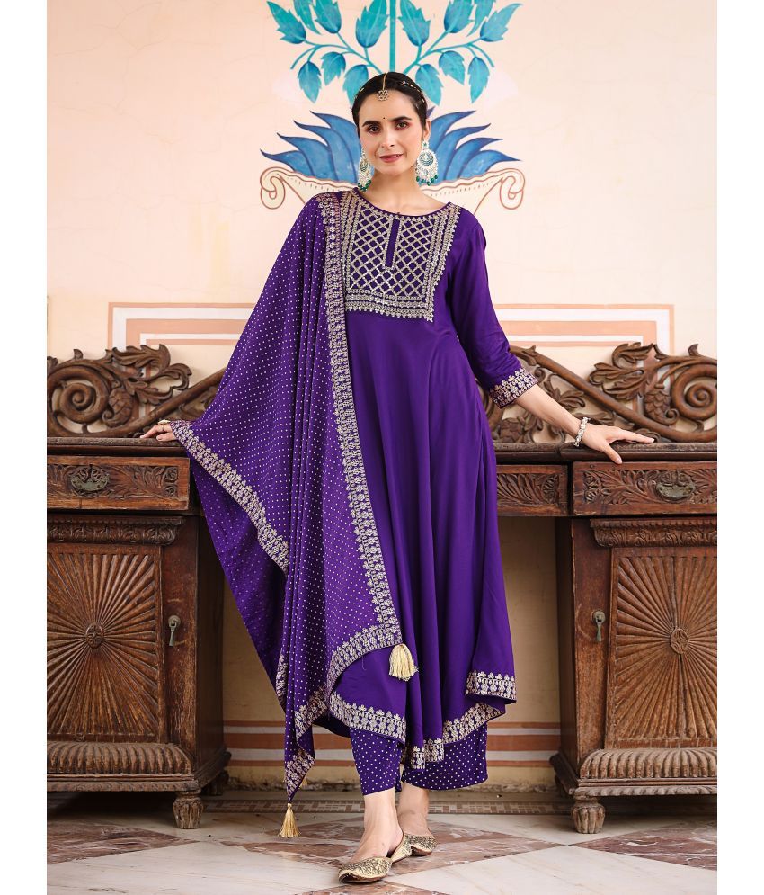     			STYLLOW Rayon Embroidered Kurti With Pants Women's Stitched Salwar Suit - Purple ( Pack of 3 )