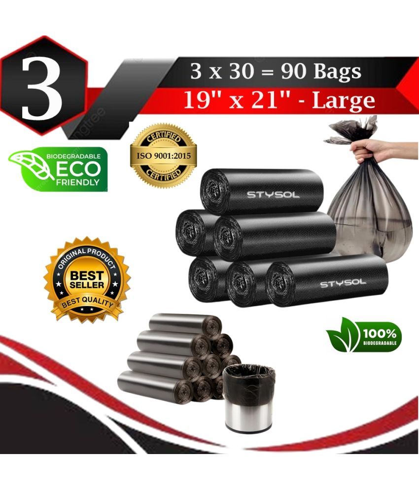     			Waste Disposal Biodegradable Garbage Bags 19 X 21 Inches (Medium Size) 90 Bags (3 Rolls) Dustbin Bag/Trash Bag - Black Color