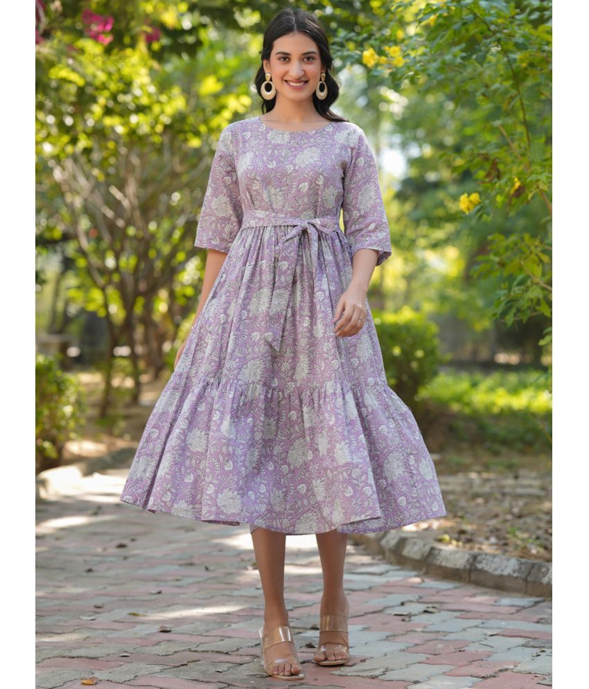     			Janasya Cotton Printed Calf-Length Women's Fit & Flare Dress - Lavender ( Pack of 1 )