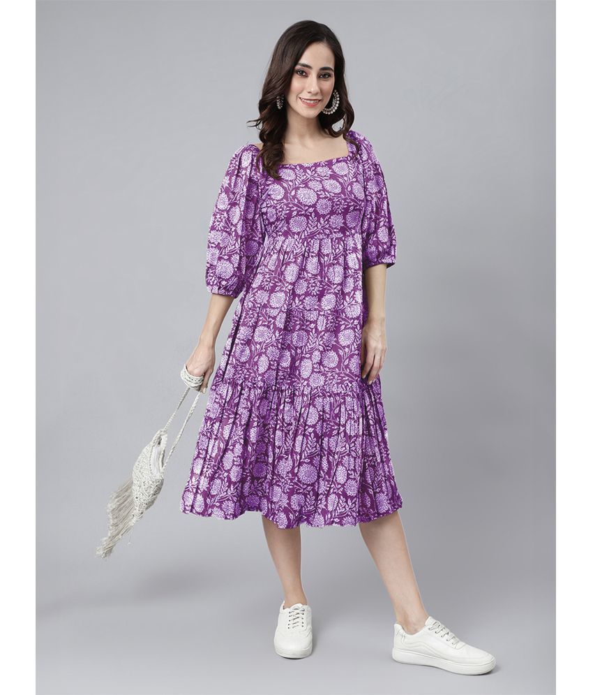     			Janasya Cotton Printed Calf-Length Women's Fit & Flare Dress - Purple ( Pack of 1 )