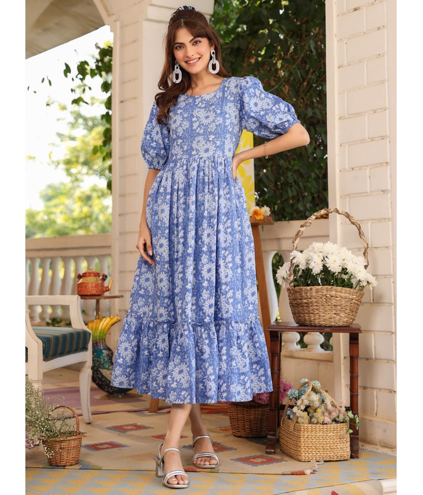     			Janasya Cotton Printed Calf-Length Women's Fit & Flare Dress - Blue ( Pack of 1 )