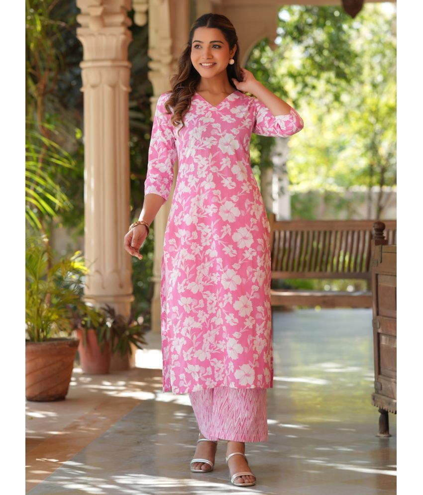     			Janasya Cotton Printed Kurti With Pants Women's Stitched Salwar Suit - Pink ( Pack of 1 )